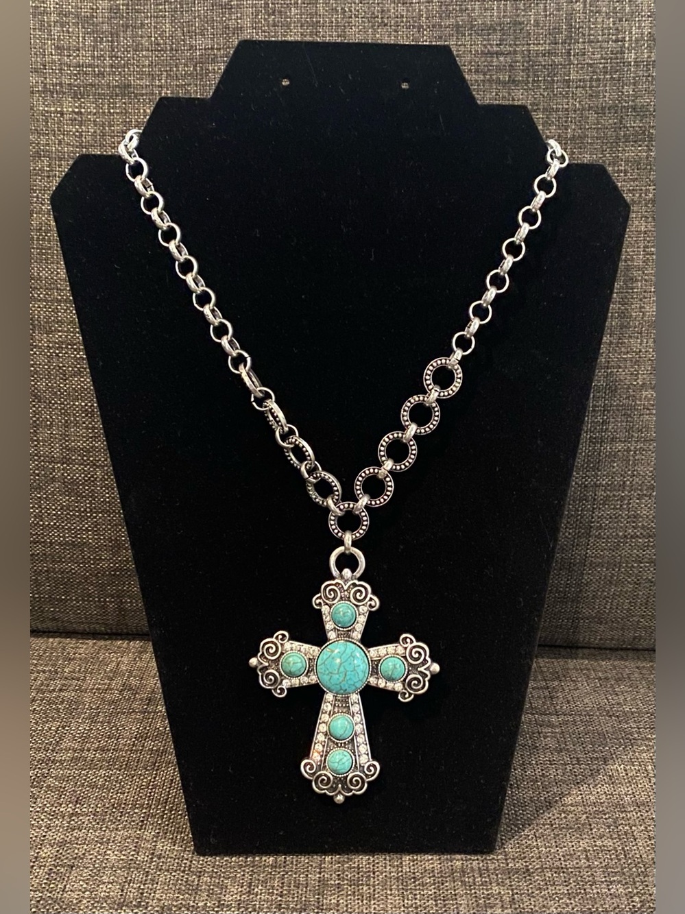 Silver-Tone Turquoise accent Cross Pendant Necklace - 22 inches. Cross 3 inches.